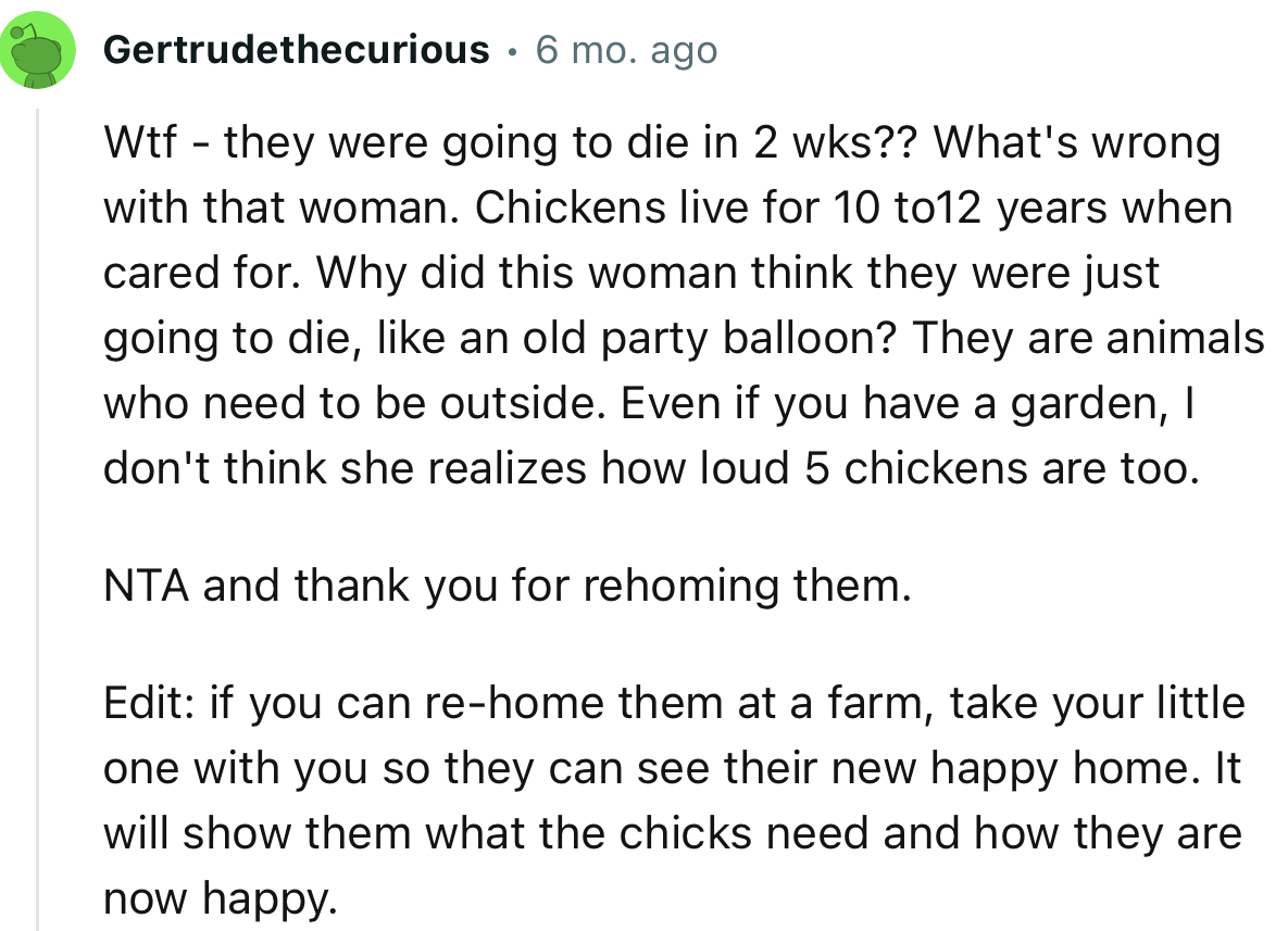 “If you can re-home them at a farm, take your little one with you so they can see their new happy home.”