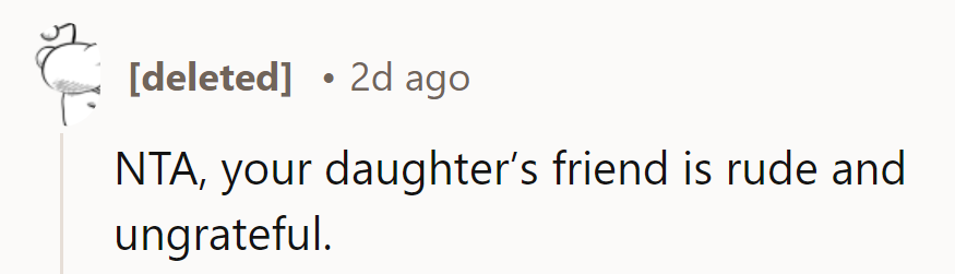 NTA. Daughter's friend needs a lesson in manners and gratitude—perhaps a crash course in