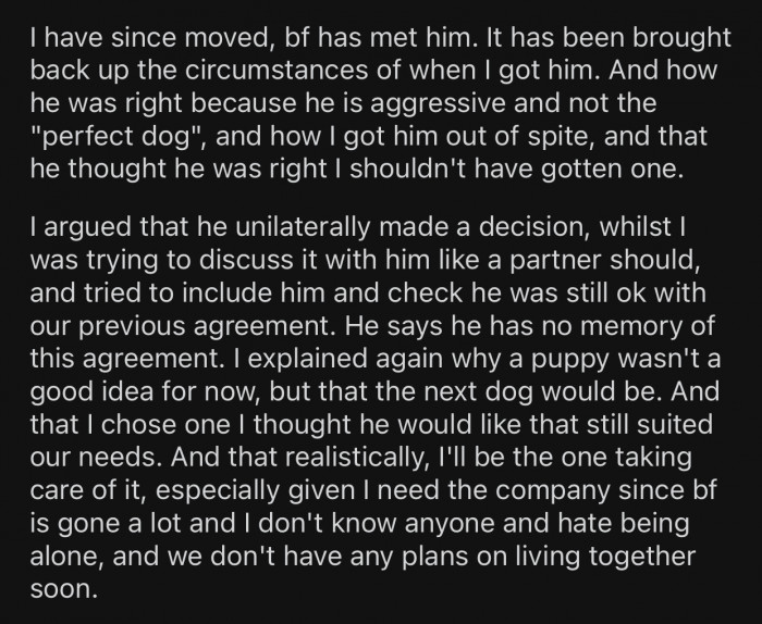 The boyfriend then claimed that OP got the dog out of spite.