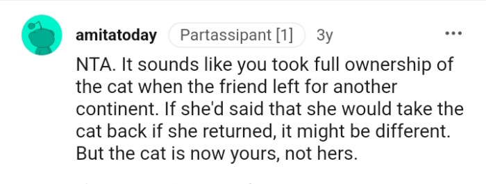 The cat is yours now, not hers