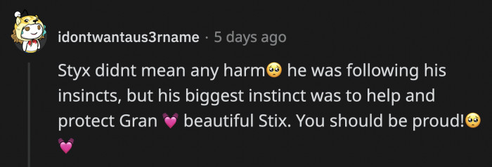 It was an honest accident, and the pup didn't realize how powerful his zoomies were. He immediately made sure OP's grandma got to a safe place while waiting for help.