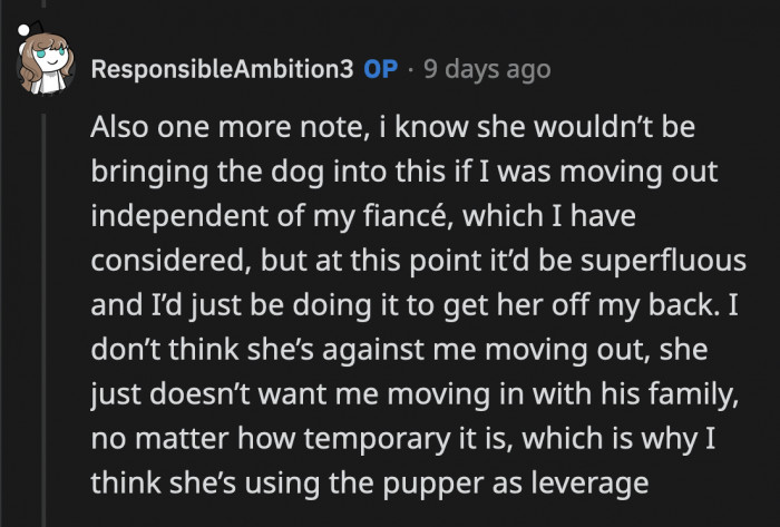 She also added why her mom is so against her moving in with her boyfriend at his parents' home