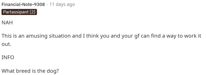 This comment states that this is an amusing situation, but they believe that they'll be okay working it out. Also, the breed of dog is a German Shepherd.