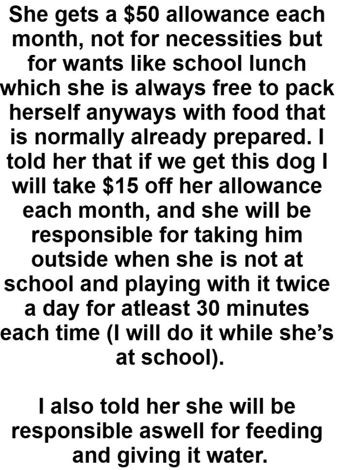 OP's daughter will be responsible for taking the dog outside when she is not at school