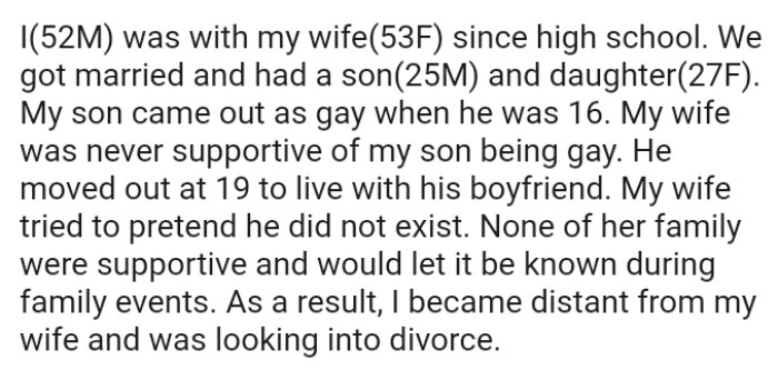 OP's son came out as gay when he was 16 and his wife was never supportive of their son being gay
