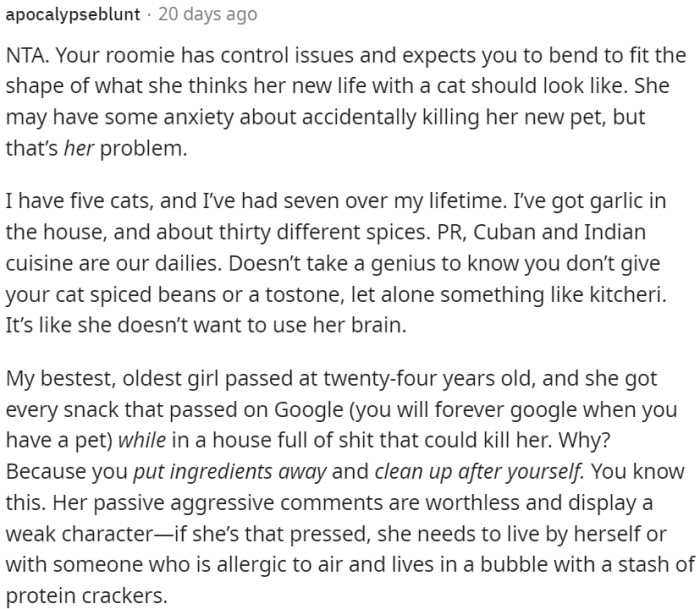 Roommate is unreasonable in expecting you to conform to her ideal image of owning a cat.