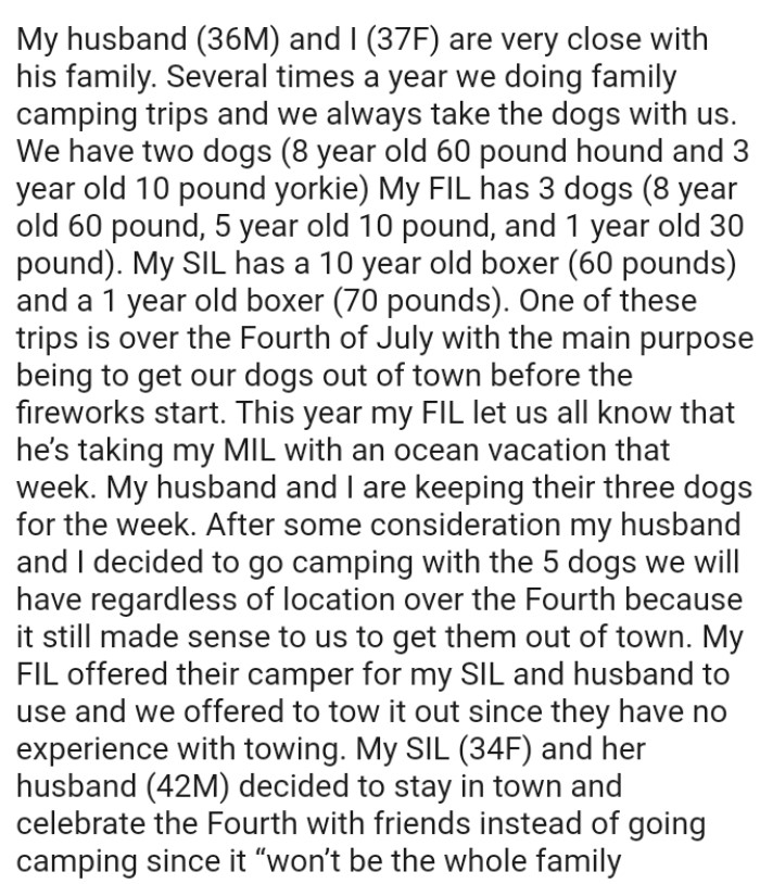 OP and her husband decided to go camping with the 5 dogs regardless of location because it still made sense to them to get them out of town