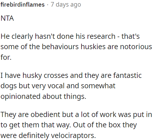 He hasn't researched Huskies well, as she exhibits typical Husky behaviors.