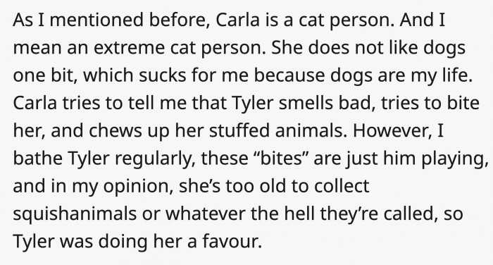 He also said when his dog destroyed OP's stuffed animal, his dog was doing her a favor