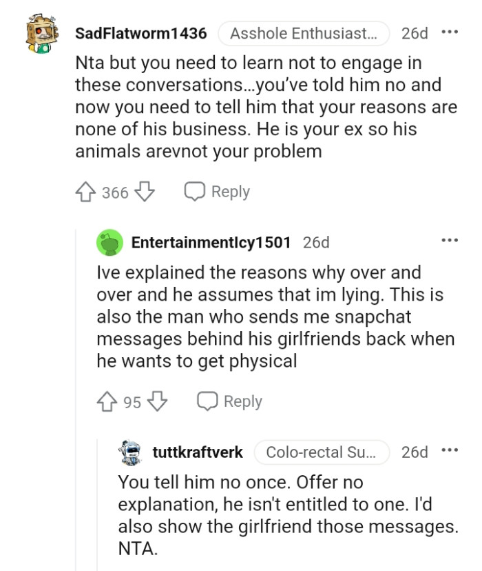 He is the OP's ex, so his animals are not her problem.