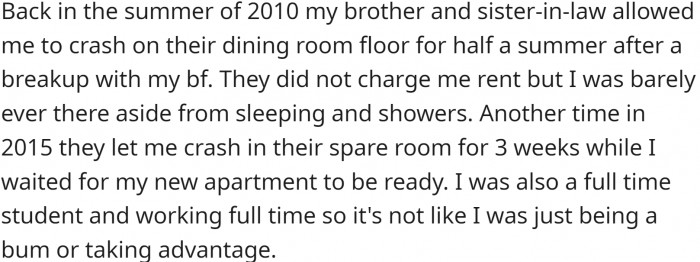 Ten years ago, OP spent some time in their brother's home