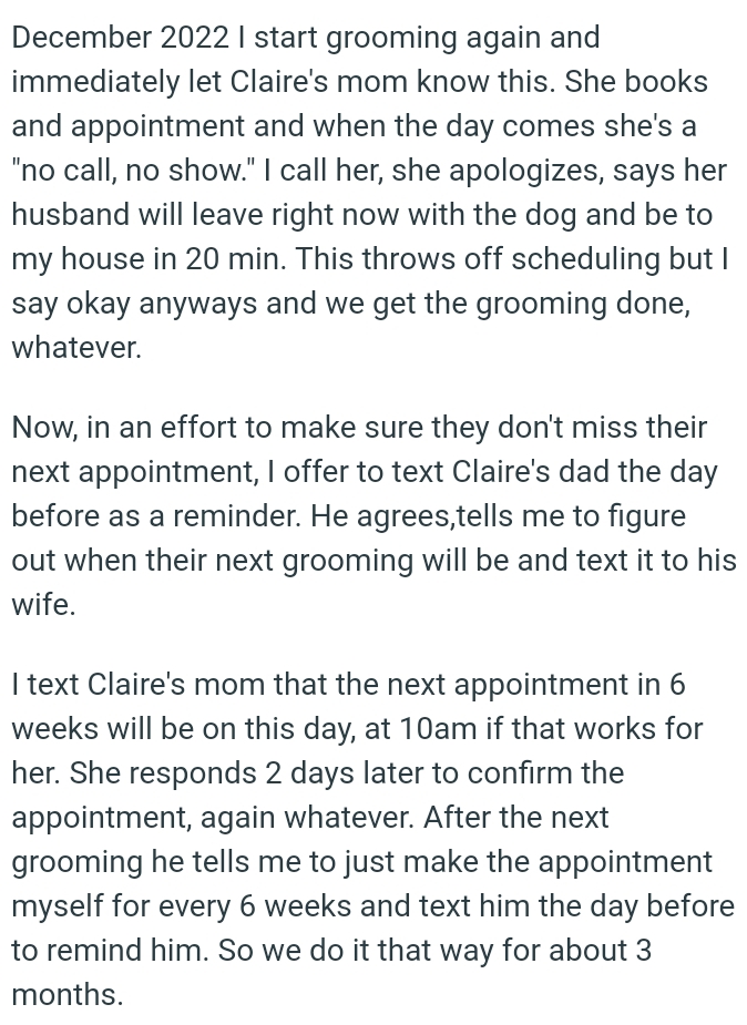 OP offers to text the dog's dad the day before as a reminder