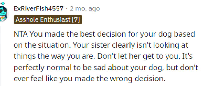 OP's sister definitely isn't looking at it from the same perspective, which is why she thinks it wasn't best for the dog, but it was.