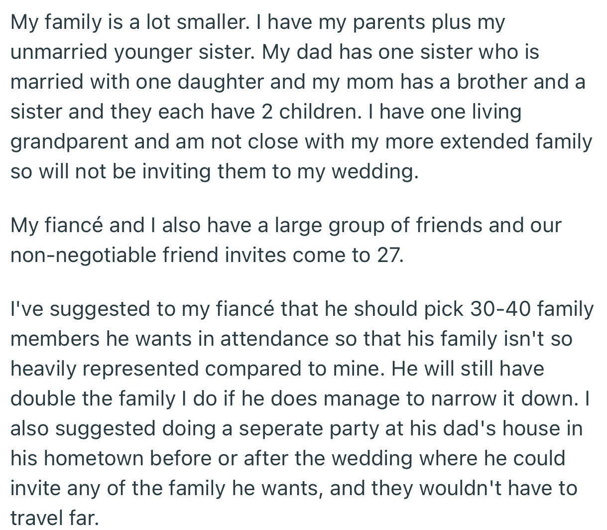 OP’s family is a lot smaller and she’s eager to find a balance where both families are fairly represented, while still keeping the guests below 100