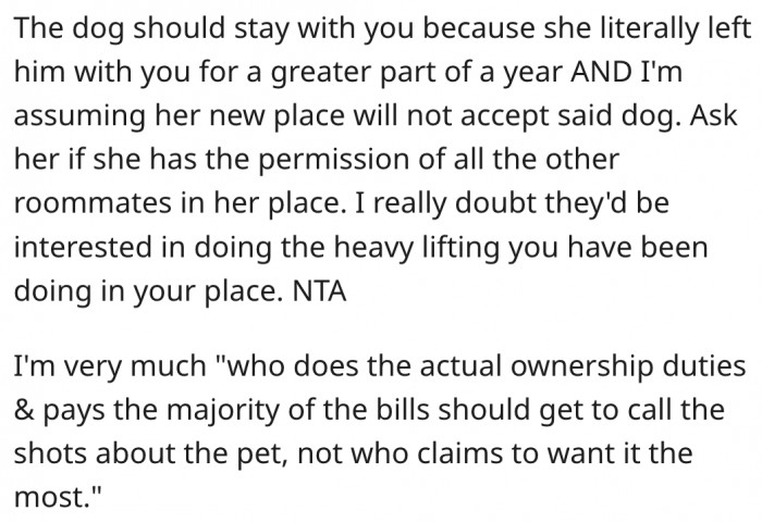 10. The one who does the work should keep the dog, not the one who wants it the most.