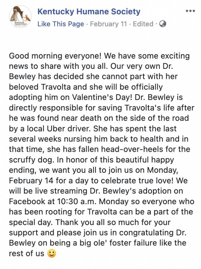 The Kentucky Humane Society announced the happy news on their social media!