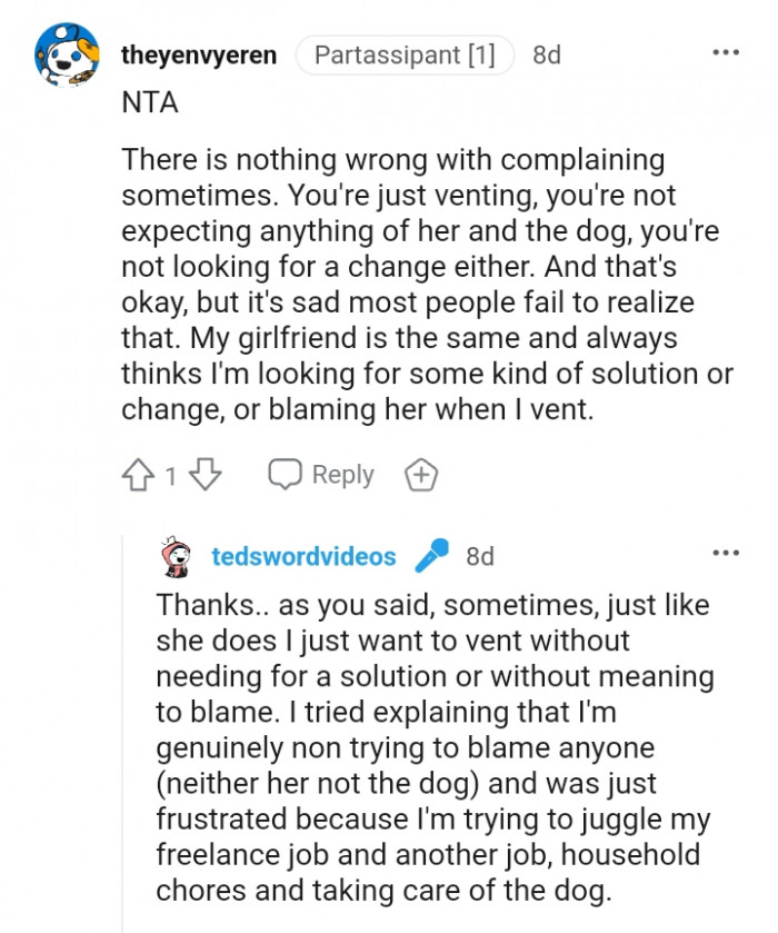 You are not expecting anything of her and the dog