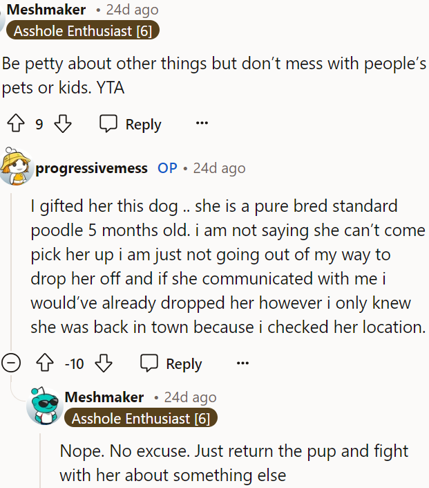 The OP can be petty all she wants, but she needs to leave the dog out of it.