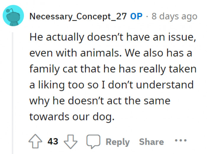 OP refutes the claims that he's having difficulty with animals since he has a cat that he loves, and it is still quite unclear why he despises the dog he asked for in the first place.