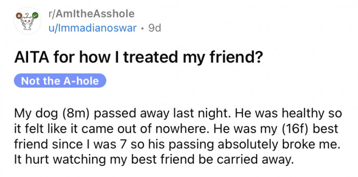 The OP shared a story about how her best friend let her down when her dog passed away unexpectedly.