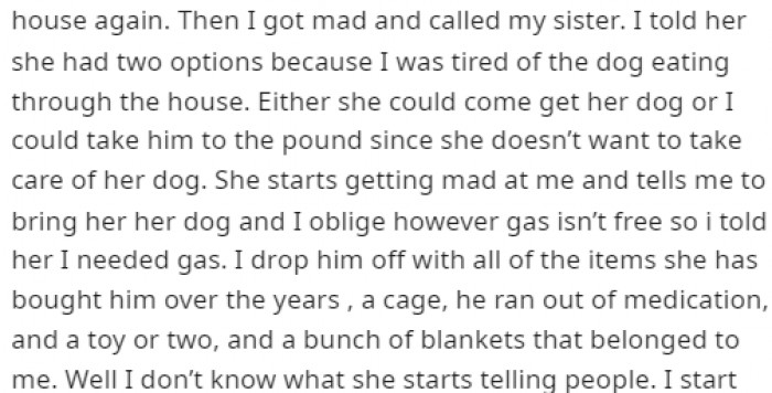 OP gave her sister a choice: either she takes the dog in to live with her, or she'll drive it to the pound.