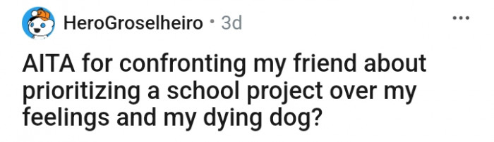 This Redditor Feels Hurt That His Friend Prioritized a School Project Over His Dying Dog
