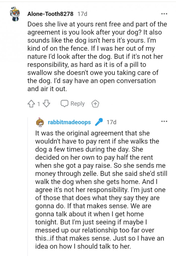She doesn't owe you taking care of the dog