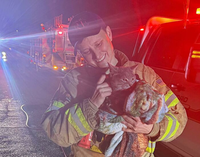 "Lluvia The Cat Was Rescued From A House Fire And Received Great Care From Captain Dottie Michael"
