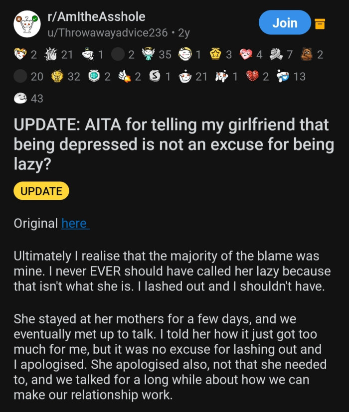 Redditor Asks If He Made A Mistake When He Told His GF That Depression