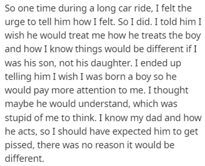 During a long car ride with her father, OP decided to tell him how she feels about this situation