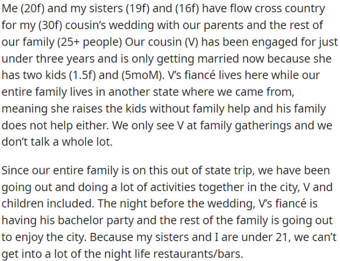 OP and her sisters arrived for her cousin V's wedding, but they couldn't join some family members for nightlife due to age restrictions.