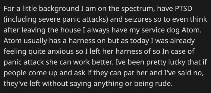 OP explained why she needed a service dog, and until now, she hasn't had trouble with others disrupting her dog's work
