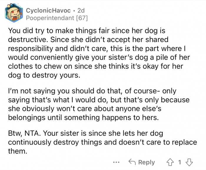 "She obviously won’t care about anyone else’s belongings until something happens to hers."