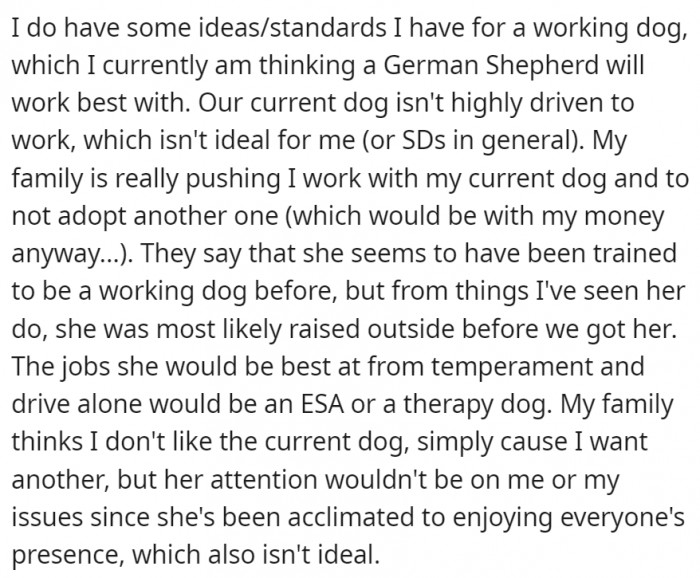 OP also thinks her current dog doesn't have the right focus to work with her needs