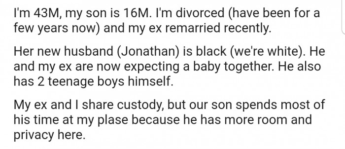 OP explained that he shares a son with his ex wife, who is currently remarried