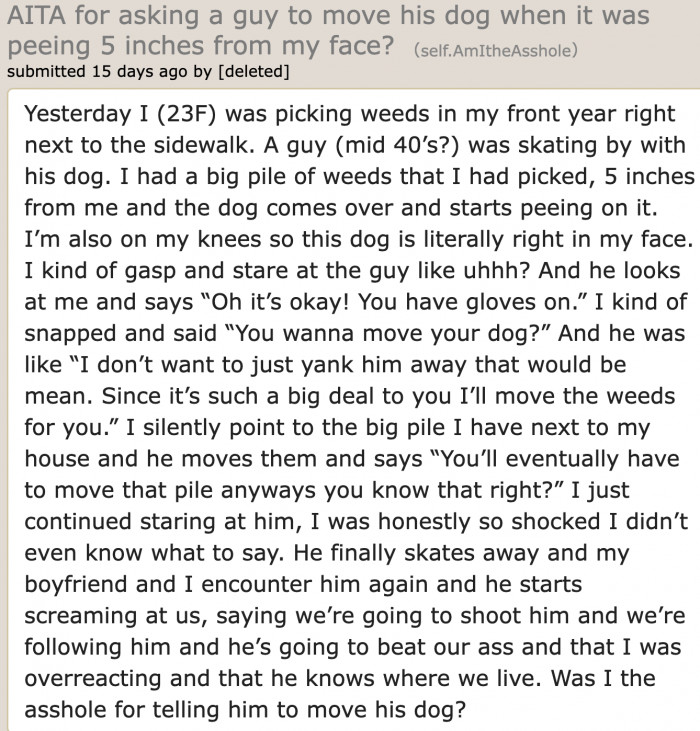 A young woman tells her story about a mannerless guy who let his dog pee near her face.