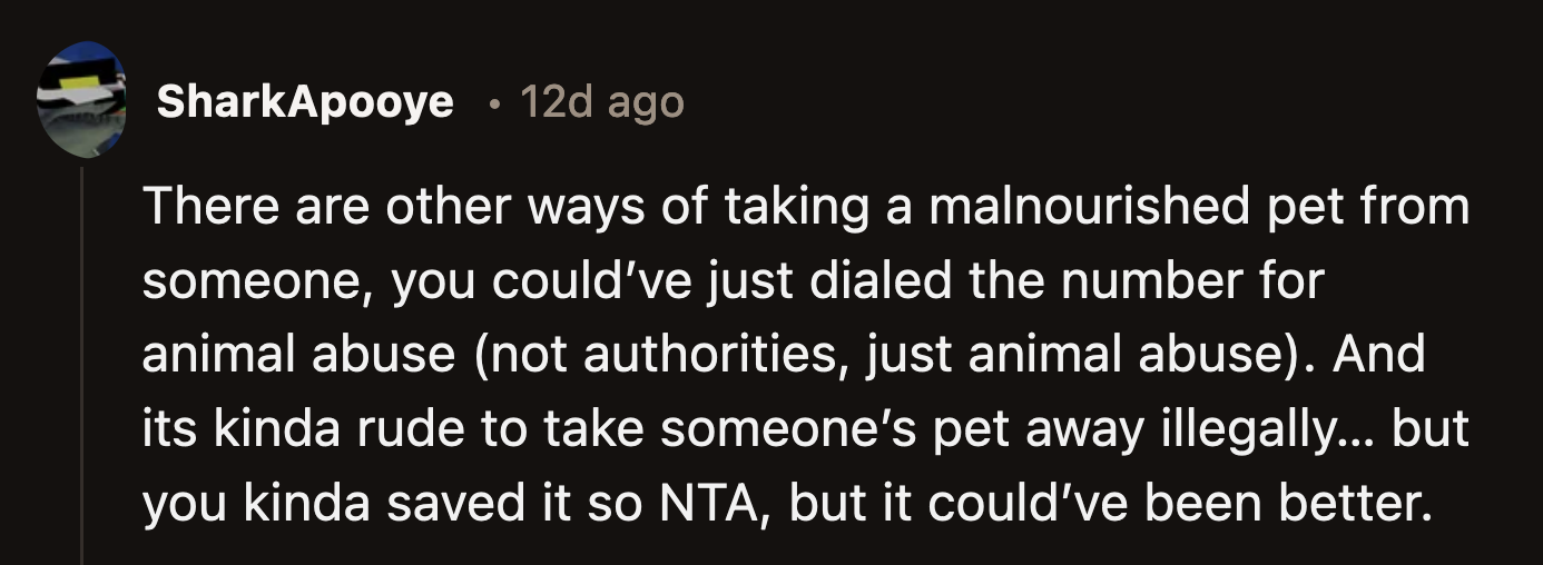 Why didn't OP consider calling the authorities to report the animal abuse before she jumped straight to theft?