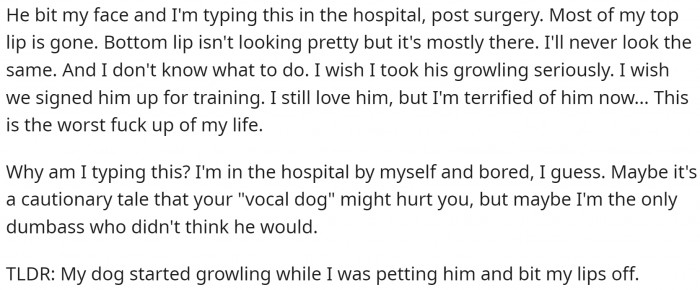 The dog bit her face, and her top lip is gone.