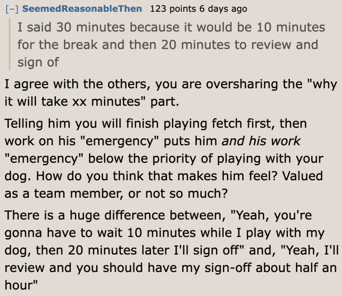 The OP needs to get in the coworker's shoes. How would he react if he was told that a game of fetch comes first?