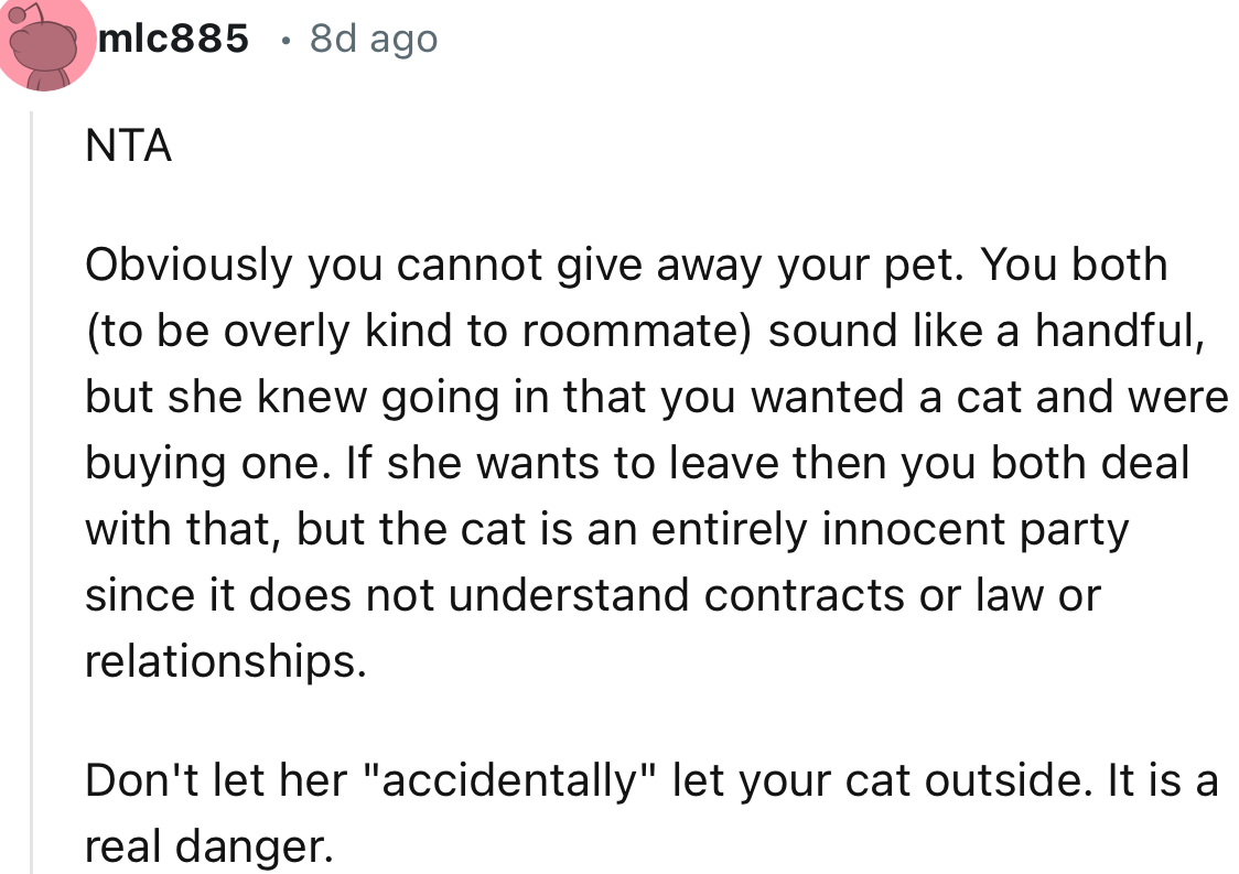 “If she wants to leave then you both deal with that, but the cat is an entirely innocent party since it does not understand contracts or law or relationships.”