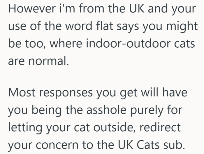 A little cultural context enters the chat. Outdoor cats may be normal in the UK but that does not soften the backlash elsewhere.