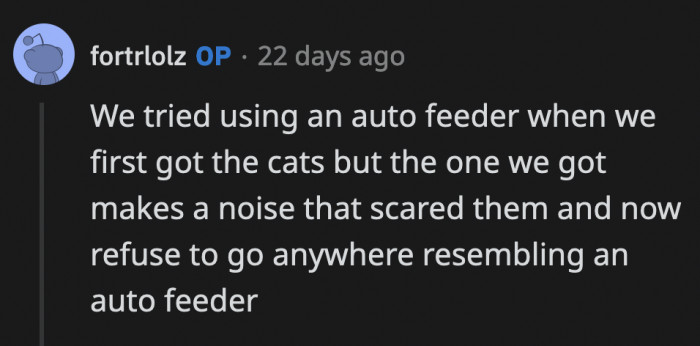 Unfortunately, being a responsible pet owner is the only solution since their kittens are scared of automatic feeders.