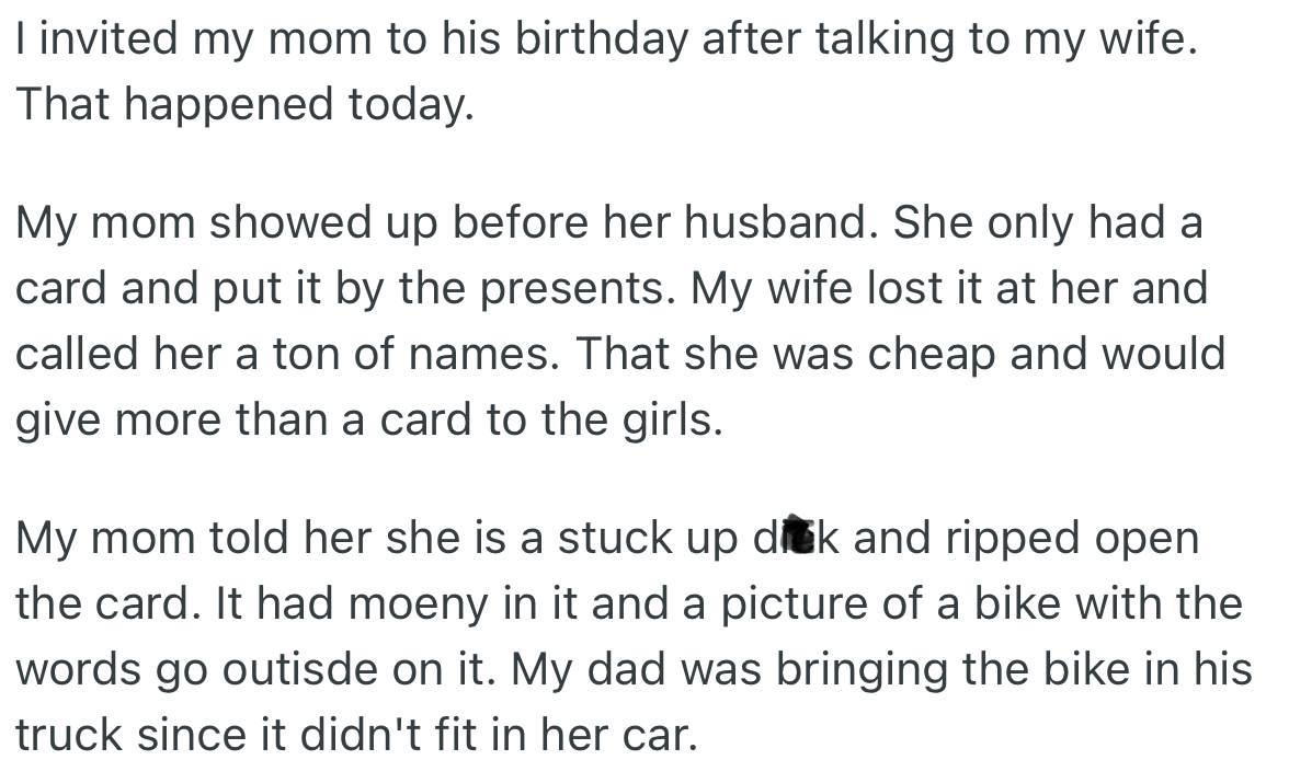 OP invited his parents to his stepson’s birthday party, however, his mom arrived first bringing a card. This made Becky furious and she called her MIL hurtful names.