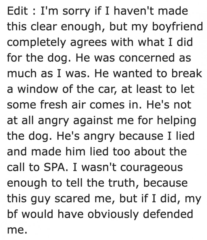 She Clarified That the Boyfriend Isn't Upset with Her for Calling Animal Rescue. He Just Didn't Want to Lie.