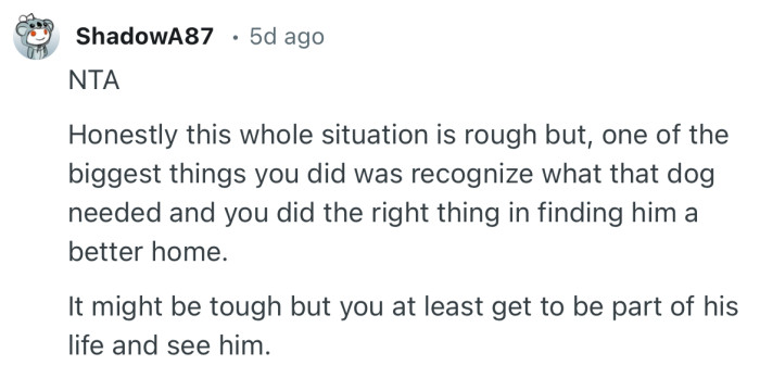 “You recognize what that dog needed and you did the right thing in finding him a better home.”