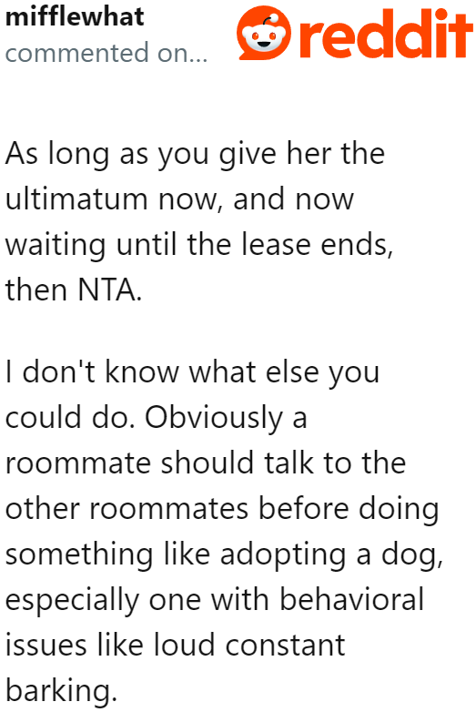 At Least, With an Ultimatum, the Roommate Will Have Some Time to Decide Whether She'll Let Go of the Dog or Find Another Place