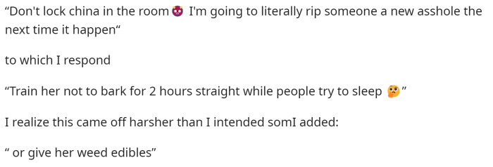 They then discuss what happened in the group chat once the owners returned and realized that the dog was in their room.