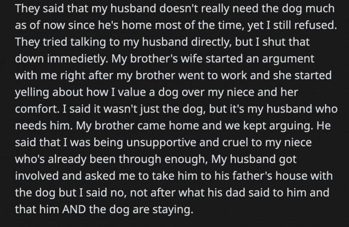 OP said the dog was not an ordinary animal and that her husband needs him. OP's husband asked her to take him and the dog to his father's house to avoid further arguments with her brother, but OP said no.