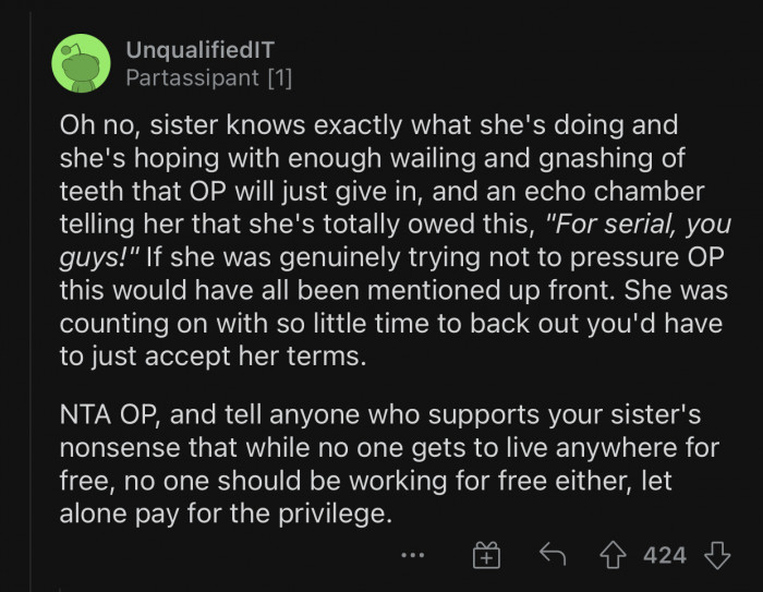 The sister wanted to guilt OP into paying by utilizing her echo chamber.