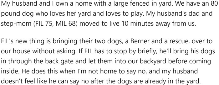 OP and her husband are homeowners with a large fenced-in yard where their 80-pound dog likes to play. OP's father-in-law (FIL) and stepmother recently moved to a home ten minutes away.
